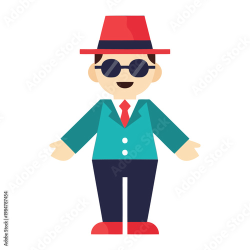 Cartoon man in red hat and sunglasses green jacket