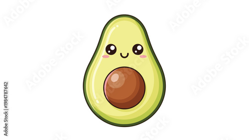 Adorable kawaii avocado character with a happy face and pink cheeks is shown as a whole fruit with a large brown pit.