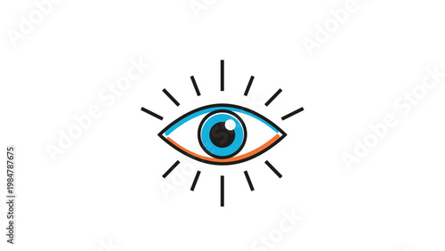 Stylized illustration of a human eye with a blue iris and orange accents is surrounded by radiating lines on a white background.