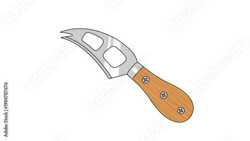 Small cheese knife with a curved blade and a wooden handle is shown in a clean illustration on a white background.