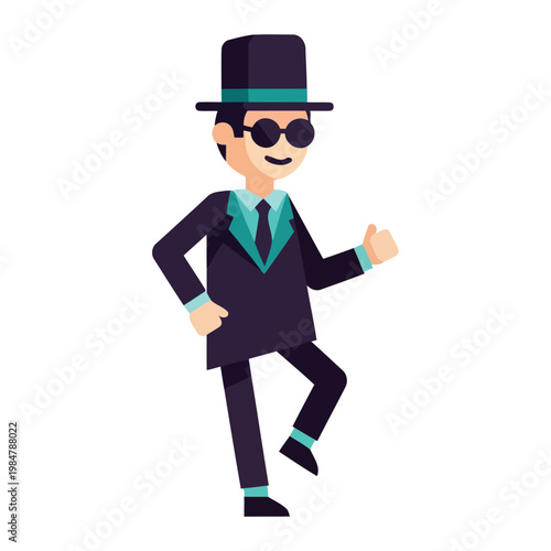 Cartoon man in suit and hat dancing sunglasses