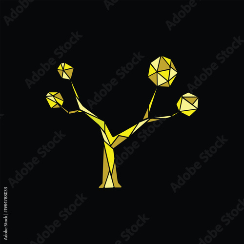 Modern abstract vector graphic illustration depicting a stunning golden geometric tree with faceted spherical elements.
