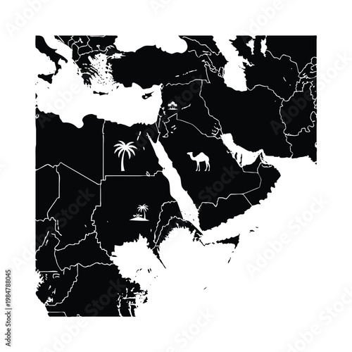 Black vector graphic map illustration of the Middle East and North Africa with desert culture symbols.