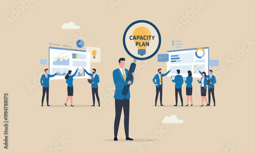 Capacity efficiency teams together redundancy utilization forecast, resource allocation concept, businessman magnify lightbulb capacity plan