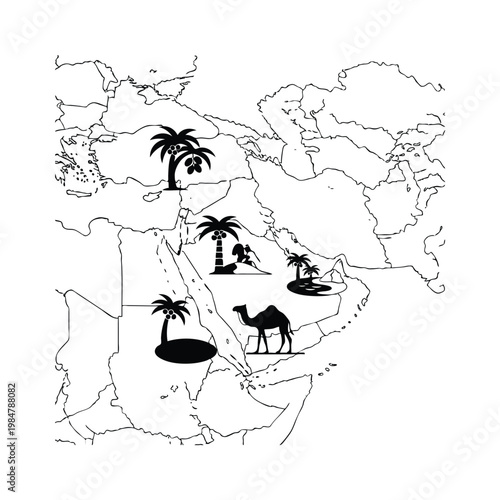 Vector illustration of a Middle East map featuring iconic travel and desert landscape elements graphic design.