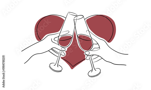 Minimalistic alcohol label design. Continuous line, red wine toast on the red heart, outline drawing, continuous line art. Festive decoration for the holidays. Vector illustration.