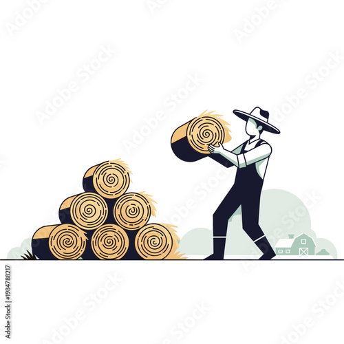 A man in a hat lifts a hay bale next to a stacked pile of hay bales on a farm.