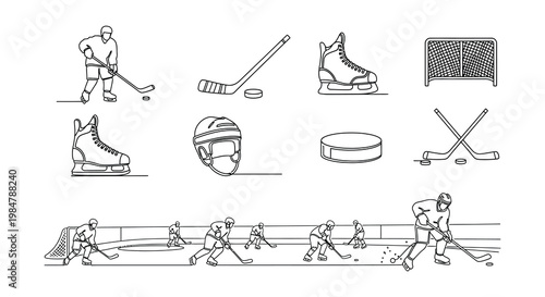 Tableau sur toile Line art illustration depicting various hockey equipment and player actions