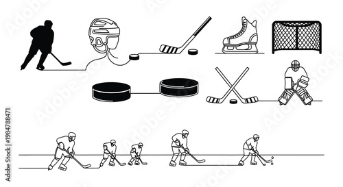 Line art illustration depicting various hockey equipment and player actions