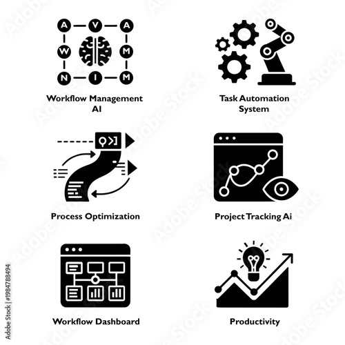 This graphic depicts various aspects of artificial intelligence and automation including workflow management task automation and project tracking high quality professional detailed modern elegant