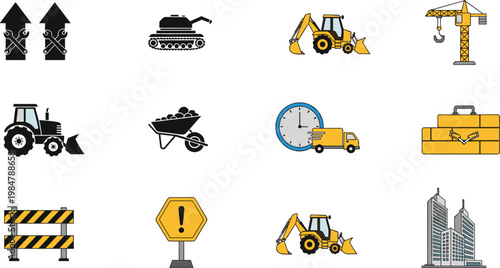 Construction Equipment and Industrial Tools Icon Set with Excavator, Crane, Tractor, Safety Signs, and Building Elements in Flat Vector Style