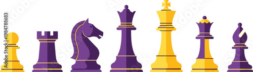 Elegant Purple and Yellow Chess Pieces Vector Set for Strategy, Board Games, and Educational Designs