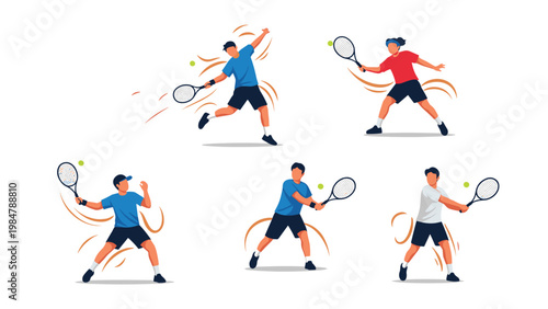 set of tennis players in different dynamic action poses hitting the ball with rackets for sports promotions and active lifestyle illustrations.