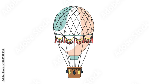 elegant vintage hot air balloon with a patterned envelope and decorative tassels is shown in a detailed illustration on a white background.