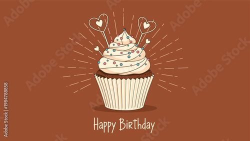 delicious chocolate cupcake with white frosting, sprinkles, and heart toppers is set against a brown background for happy birthday themes.