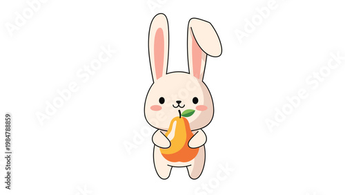 cute cartoon bunny rabbit with pink cheeks sits and holds a large orange pear in a sweet and simple animal illustration for kids products.