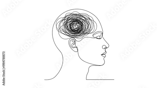 continuous line drawing of a human head profile with a tangled brain symbol represents mental health issues, anxiety, and complex thoughts.
