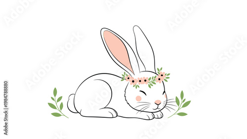 adorable white rabbit with pink ears is sleeping peacefully while wearing a delicate flower crown in a sweet and soft animal illustration.