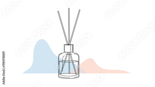 Line drawing illustration depicts a glass bottle of reed diffuser for home fragrance with abstract blue and peach shapes in the background.