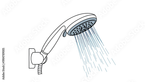 Modern handheld shower head with water spraying out in fine streams is illustrated in a clean and simple line drawing for bathroom themes.
