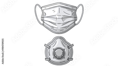 Illustration displays two types of protective face gear including a standard surgical mask and a professional n95 respirator for health safety.