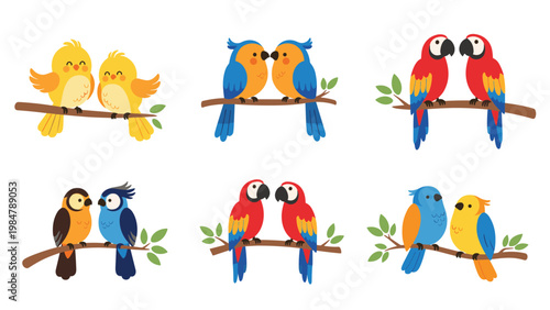 Set of six adorable parrot couples in various colors and breeds are perched on tree branches as a cute representation of bird social behavior.
