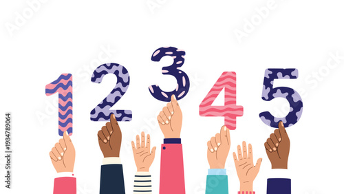 Diverse group of hands is shown holding up large colorful numbers from one to five with various decorative patterns for educational purposes.