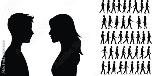 Silhouette people profiles, walking crowd figures, individuality versus collective movement, social interaction, minimalist black silhouettes art