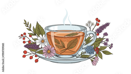 Beautiful illustration of a transparent glass cup filled with herbal tea and floating leaves is surrounded by a rich variety of flowers and berries.