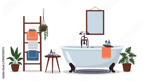 Stylish bathroom interior features a freestanding clawfoot tub, a wooden ladder towel rack, potted plants, and a small side table with products.