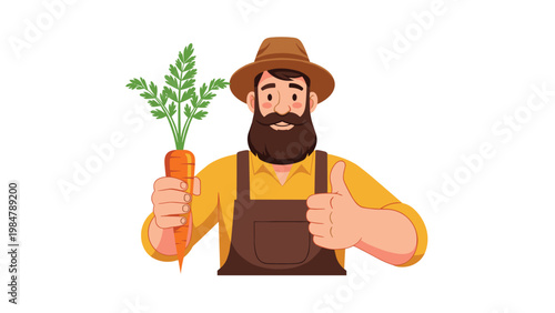 friendly bearded farmer in a hat and apron holds up a fresh large carrot and gives a thumbs up gesture in a positive agricultural illustration.