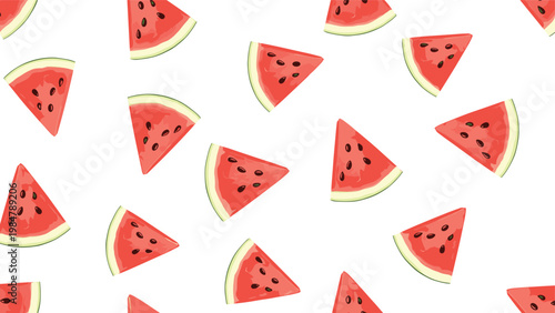 refreshing seamless pattern with juicy red watermelon slices and black seeds on a white background brings a summer vibe to fabrics and wallpapers.