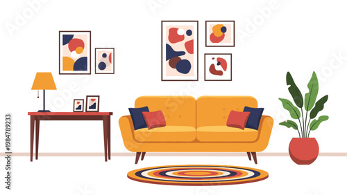 modern living room interior design includes a yellow sofa with pillows, wall art, a side table with a lamp, and a large indoor plant in a pot.