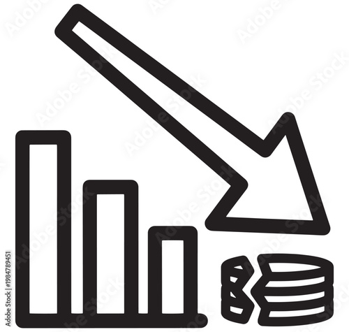 Icon of decreasing business chart with coins  financial loss concept