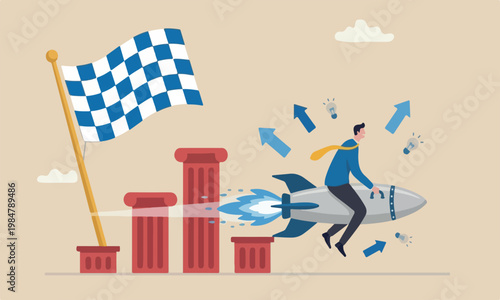 Competitiv creativit success concept, smart businessman with rocket booster lead the way to win business competition