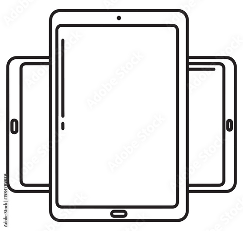 Three smartphones with blank screens on transparent background