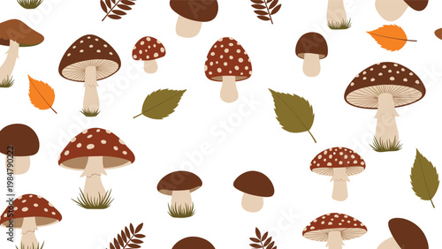 Diverse forest mushrooms including red toadstools and brown varieties mixed with autumn leaves in a seasonal woodland pattern for decor.