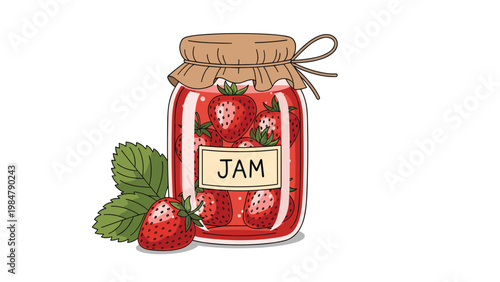 Glass jar filled with fresh whole strawberries in red jam with a brown paper lid and string next to a green leaf on white background.