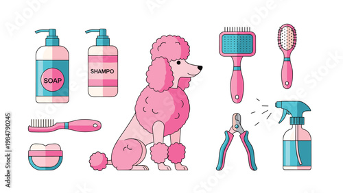 Collection of dog grooming icons including a pink poodle, shampoo, soap, brushes, scissors, and a spray bottle for pet care services.