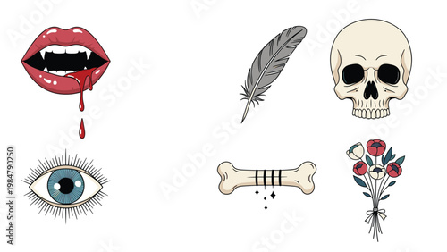 Collection of various gothic and occult symbols including vampire fangs, a skull, a blue eye, a feather, a bone, and a flower bouquet.