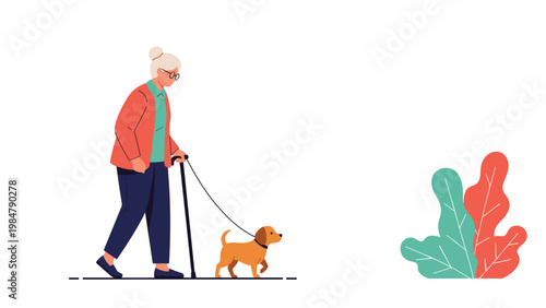 Elderly woman with a cane walking her small dog outdoors near colorful plants in a clean and modern flat illustration style for aging.