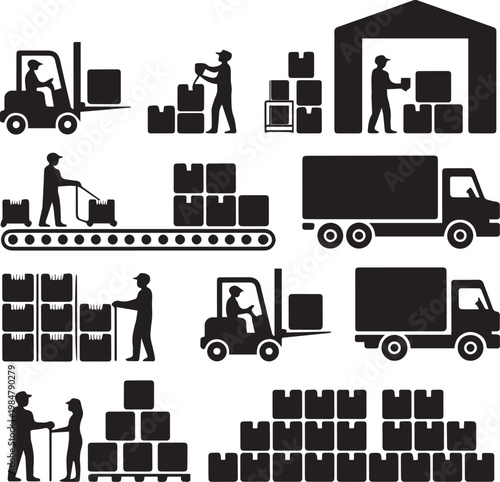 Black and white of various transportation modes and people silhouettes