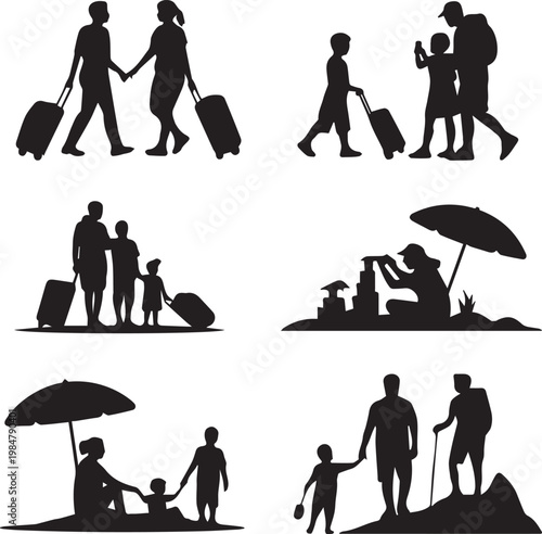 Black silhouette of people walking under rain with umbrellas wet ground