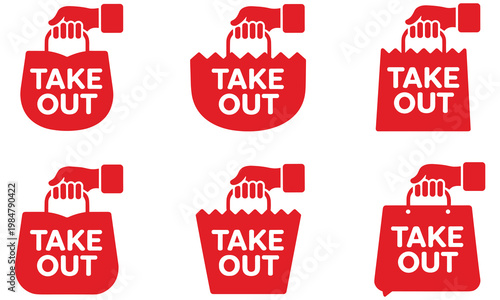 Collection of red takeaway food bag icons with hands on white