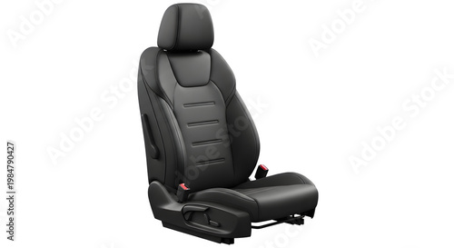 A black car seat with adjustable headrest and seatbelt buckles is shown.