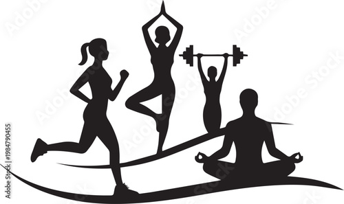 Black silhouette of people working out and lifting weights in gym workout exercise weightlifting des