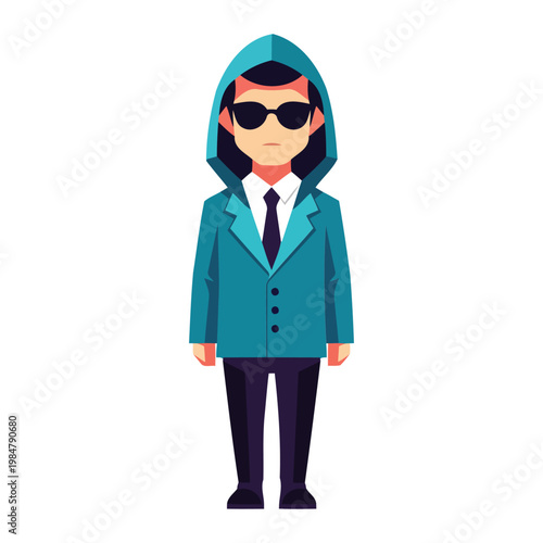 Cartoon man in teal jacket and sunglasses hood