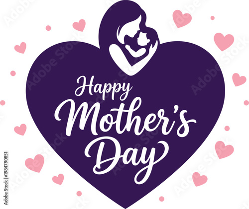 Happy mothers day greeting with heart and mother and child silhouette on white background