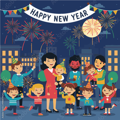 Diverse family celebrating New Year.