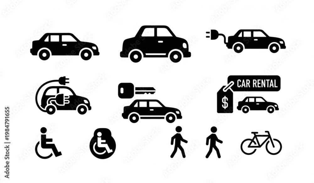 Naklejka premium Transportation Glyph Icon Set Car Automobile Electric Vehicle Vector